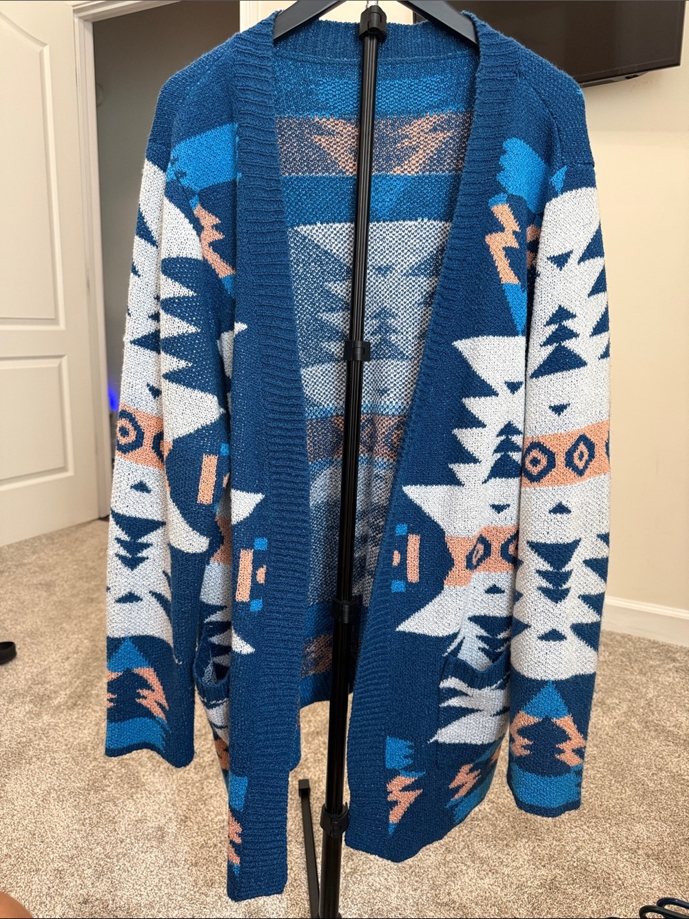 Open-Front Aztec Knit Cardigan Sweater - Blue & White
